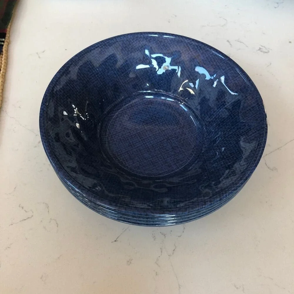 Set of 4 Dark Blue Textile-Look High Gloss Heavy‎ Melamine Cereal Bowls